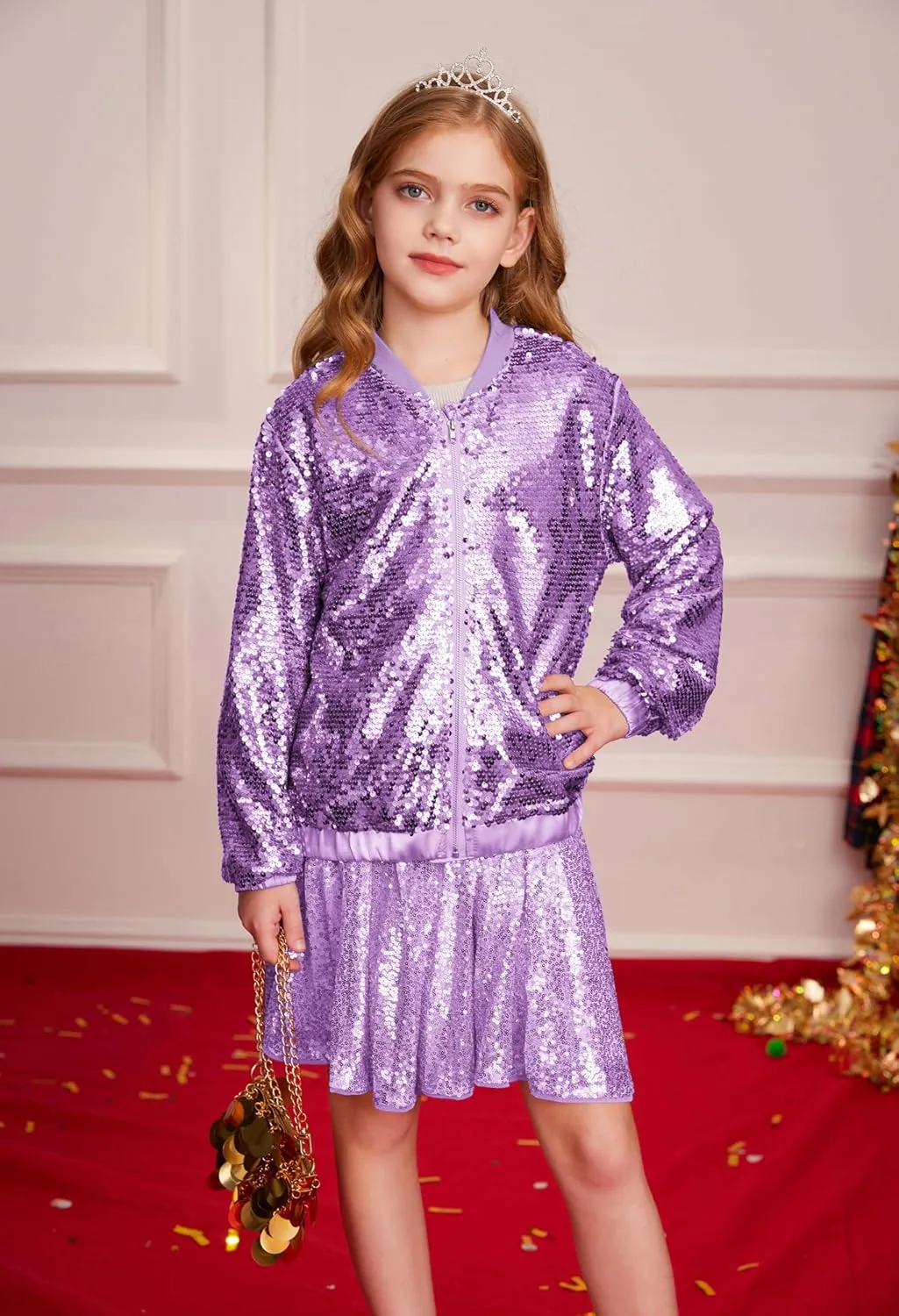 GRACE KARIN Girls Sequin Jacket Kids Bomber Zip Outwear Sparkle Fall Costume Top Dress Coat Size 5-14