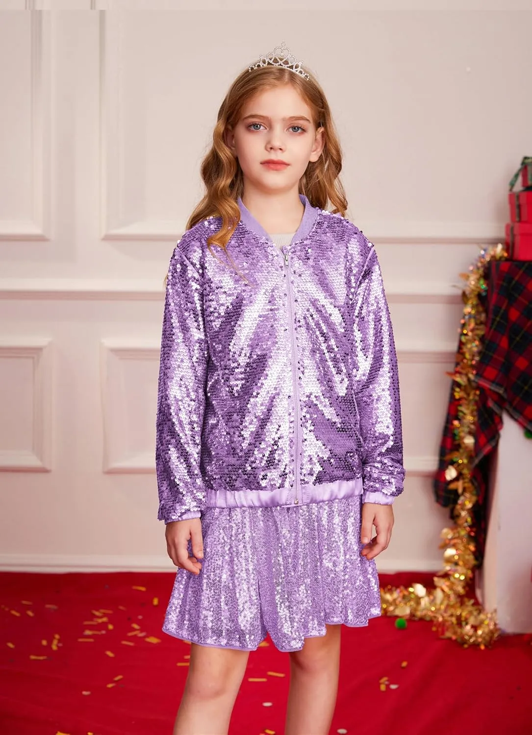GRACE KARIN Girls Sequin Jacket Kids Bomber Zip Outwear Sparkle Fall Costume Top Dress Coat Size 5-14