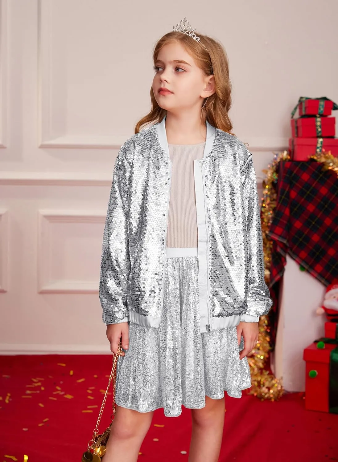 GRACE KARIN Girls Sequin Jacket Kids Bomber Zip Outwear Sparkle Fall Costume Top Dress Coat Size 5-14