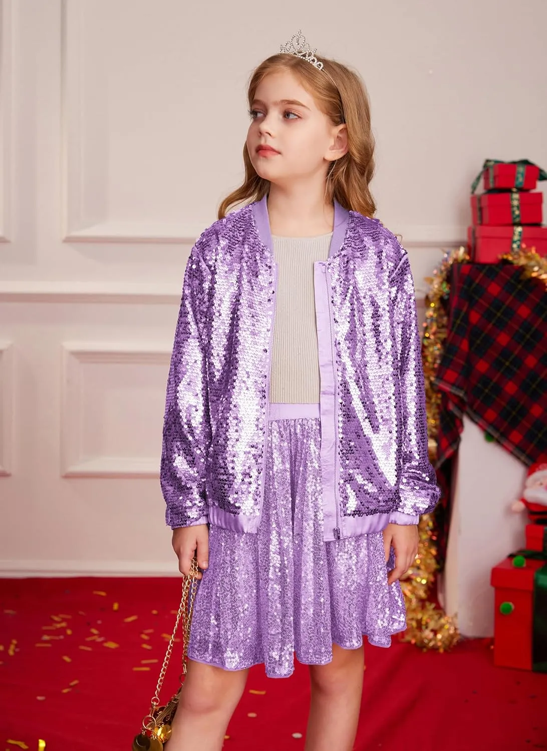 GRACE KARIN Girls Sequin Jacket Kids Bomber Zip Outwear Sparkle Fall Costume Top Dress Coat Size 5-14