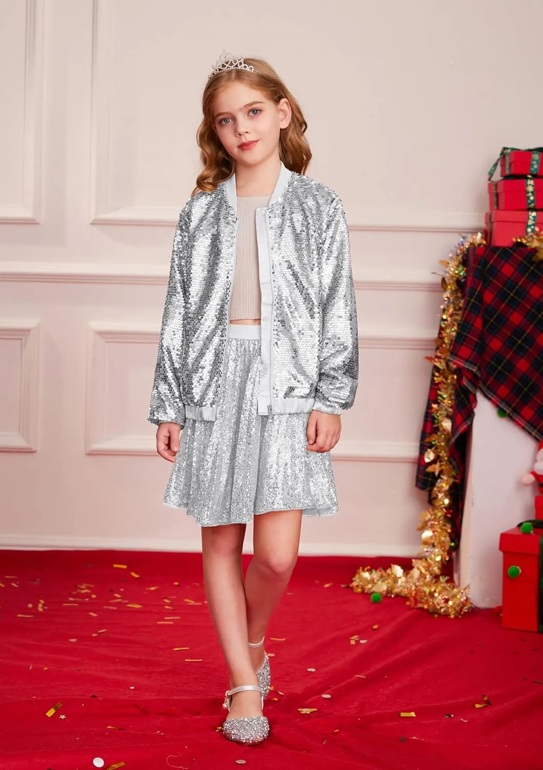 GRACE KARIN Girls Sequin Jacket Kids Bomber Zip Outwear Sparkle Fall Costume Top Dress Coat Size 5-14