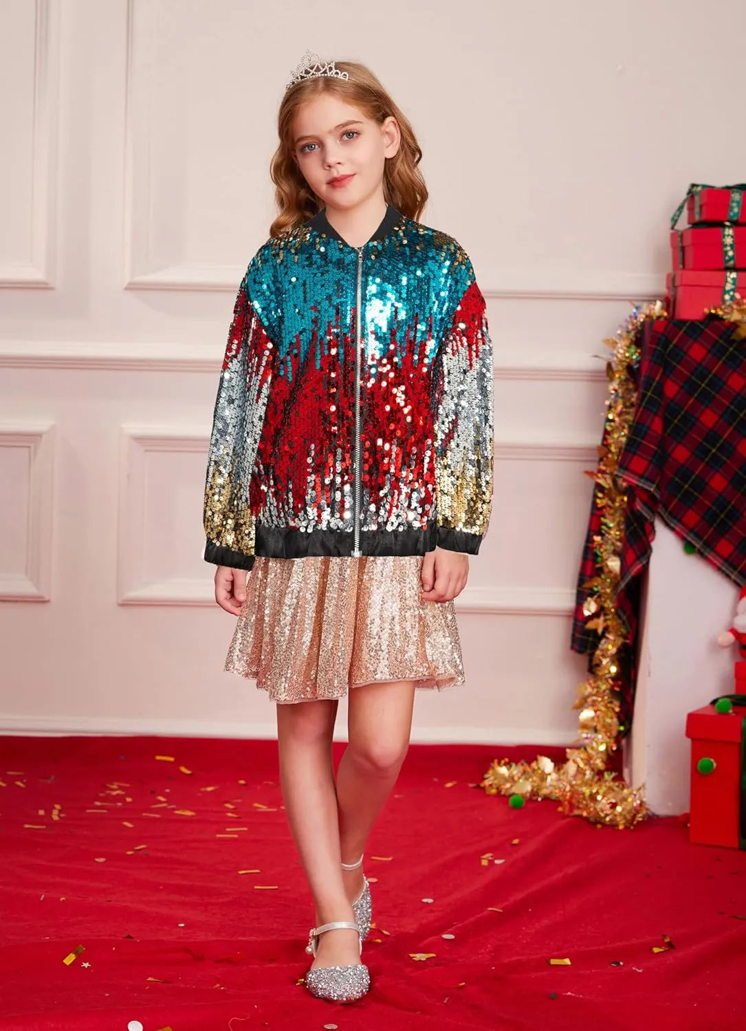 GRACE KARIN Girls Sequin Jacket Kids Bomber Zip Outwear Sparkle Fall Costume Top Dress Coat Size 5-14