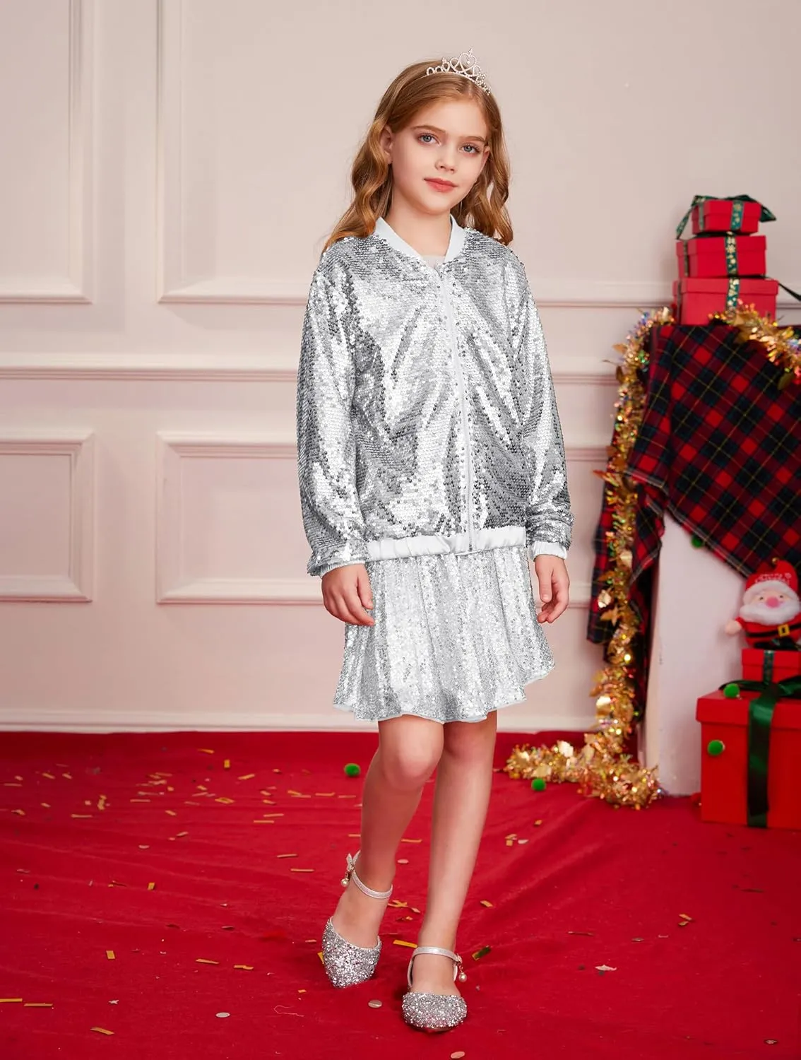 GRACE KARIN Girls Sequin Jacket Kids Bomber Zip Outwear Sparkle Fall Costume Top Dress Coat Size 5-14
