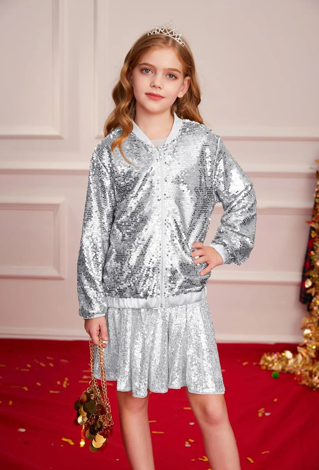 GRACE KARIN Girls Sequin Jacket Kids Bomber Zip Outwear Sparkle Fall Costume Top Dress Coat Size 5-14