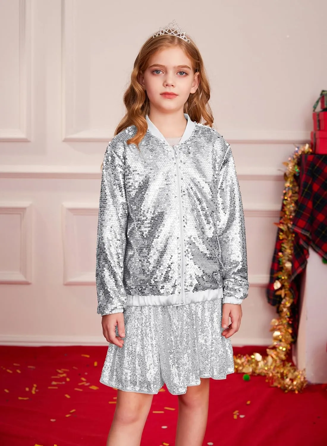 GRACE KARIN Girls Sequin Jacket Kids Bomber Zip Outwear Sparkle Fall Costume Top Dress Coat Size 5-14