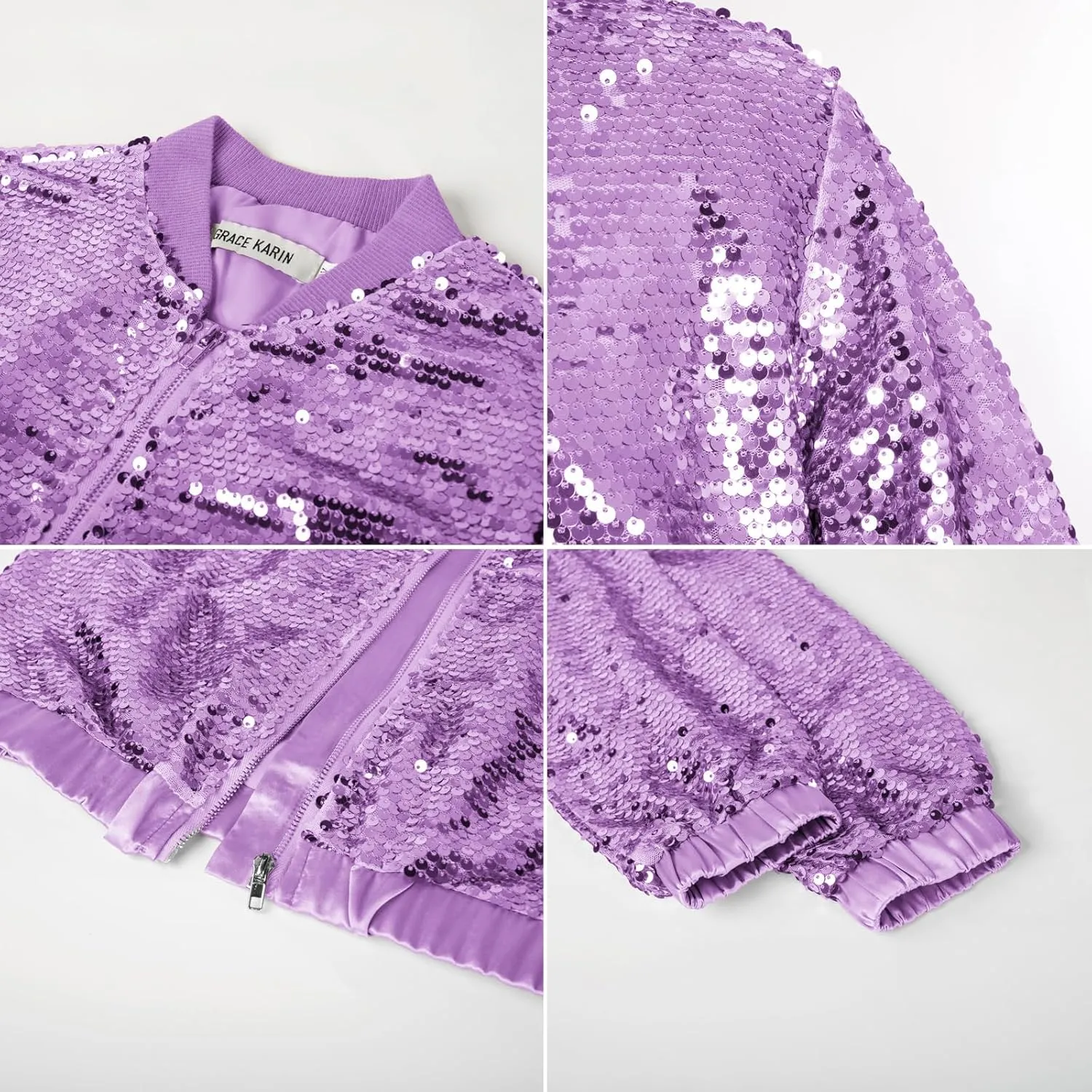 GRACE KARIN Girls Sequin Jacket Kids Bomber Zip Outwear Sparkle Fall Costume Top Dress Coat Size 5-14