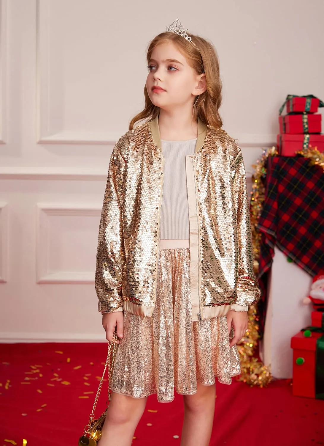 GRACE KARIN Girls Sequin Jacket Kids Bomber Zip Outwear Sparkle Fall Costume Top Dress Coat Size 5-14