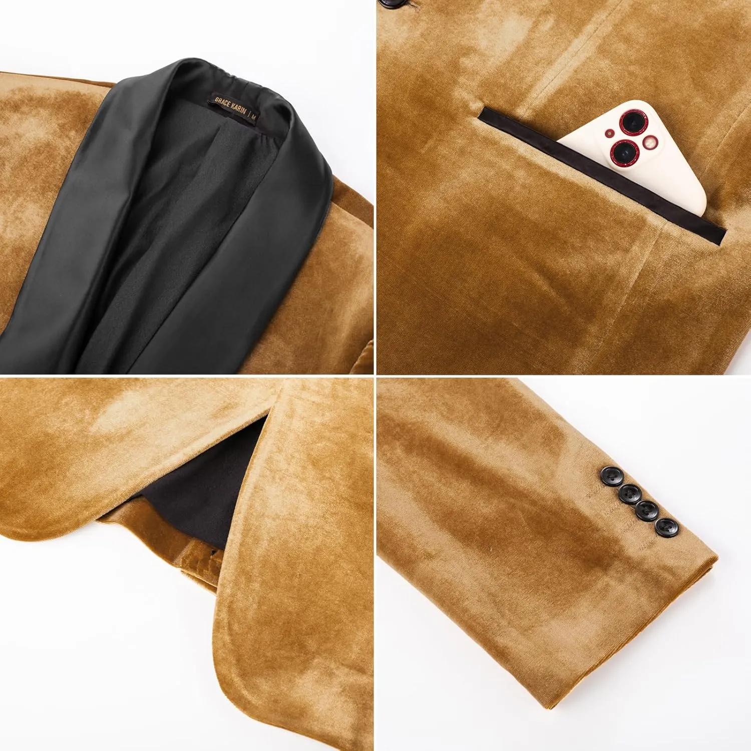 GRACE KARIN Mens Velvet Blazer One Button Shawl Lapel Slim Fit Suit Jacket Sport Coat Dinner Party Prom Wedding Tuxedo