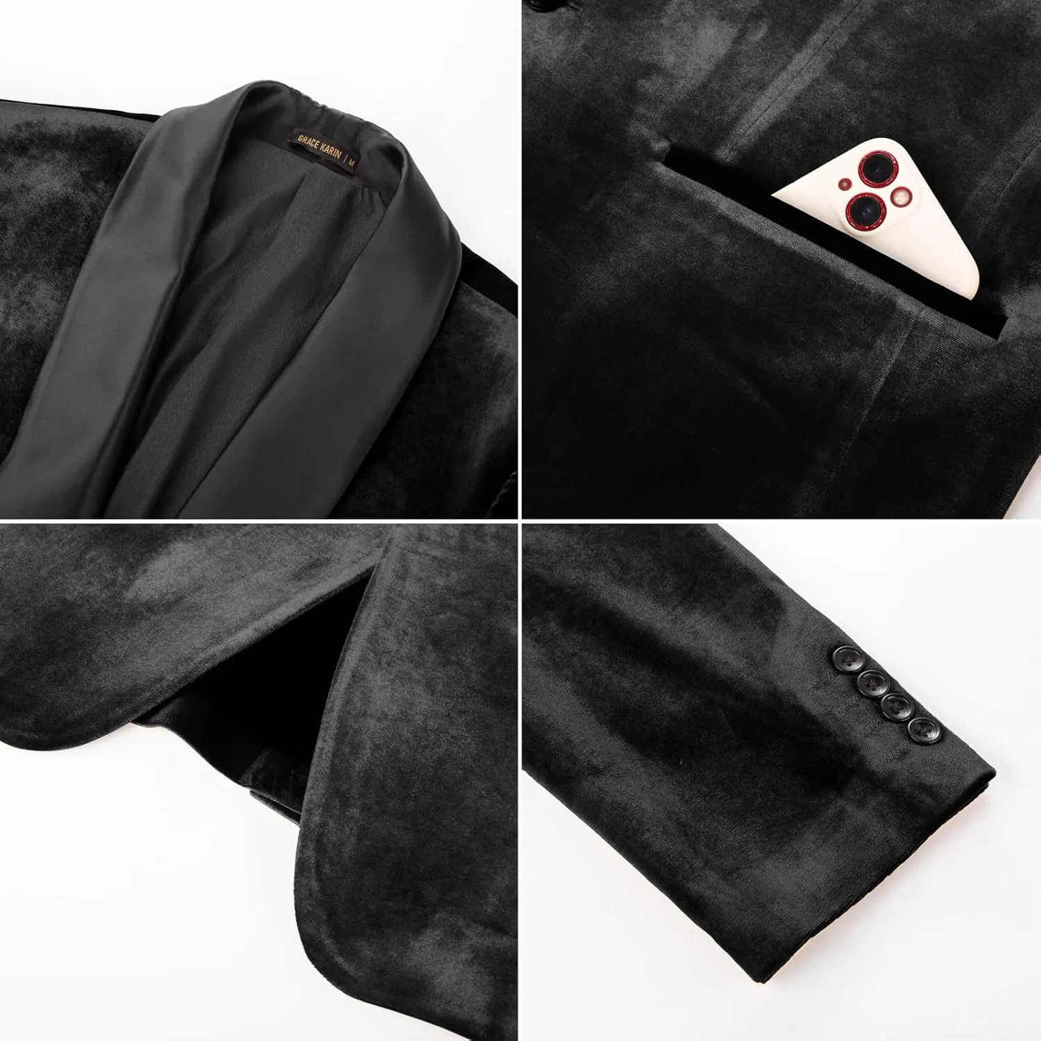 GRACE KARIN Mens Velvet Blazer One Button Shawl Lapel Slim Fit Suit Jacket Sport Coat Dinner Party Prom Wedding Tuxedo