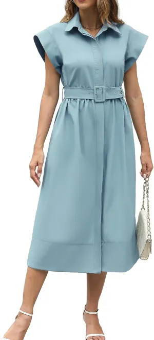 Haellun Women's Elegant Dress Classy Turn Down Collar Shirt Dress with Belt Short Wing Sleeve Trench Coat