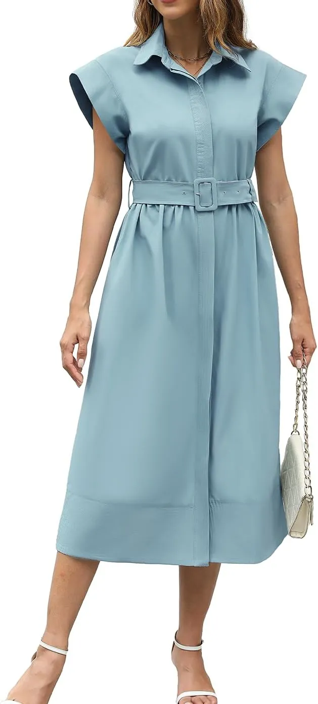 Haellun Women's Elegant Dress Classy Turn Down Collar Shirt Dress with Belt Short Wing Sleeve Trench Coat