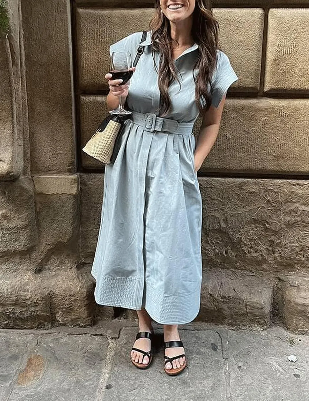 Haellun Women's Elegant Dress Classy Turn Down Collar Shirt Dress with Belt Short Wing Sleeve Trench Coat