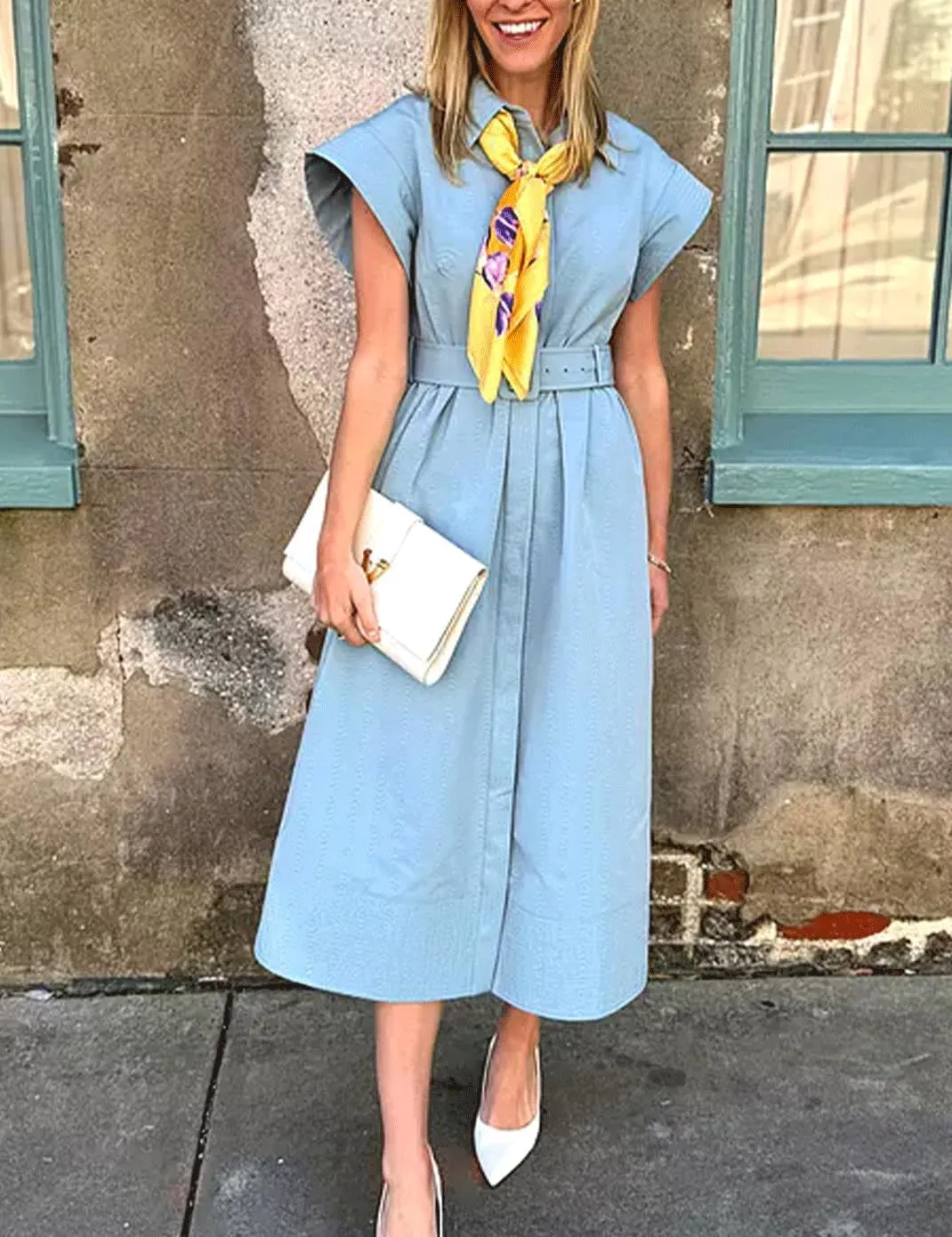 Haellun Women's Elegant Dress Classy Turn Down Collar Shirt Dress with Belt Short Wing Sleeve Trench Coat