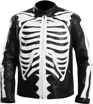 Halloween Cosplay - Mens Skeleton Bones Black Leather Jacket - Cafe Racer Biker Skull Motorcycle Jacket