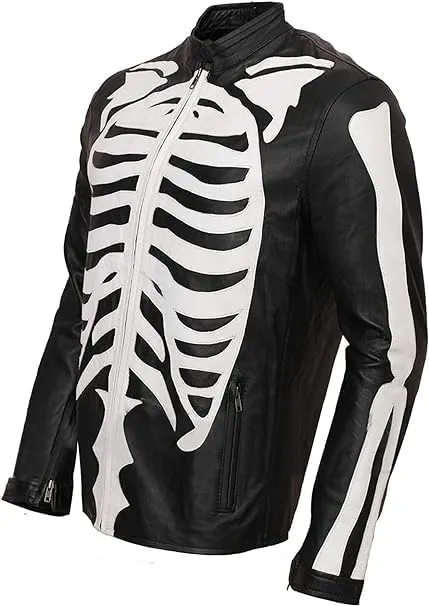 Halloween Cosplay - Mens Skeleton Bones Black Leather Jacket - Cafe Racer Biker Skull Motorcycle Jacket