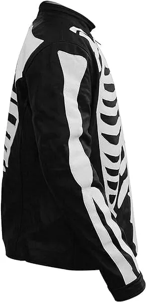 Halloween Cosplay - Mens Skeleton Bones Black Leather Jacket - Cafe Racer Biker Skull Motorcycle Jacket