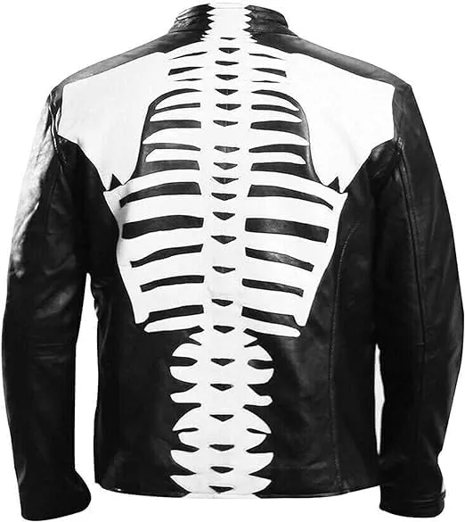 Halloween Cosplay - Mens Skeleton Bones Black Leather Jacket - Cafe Racer Biker Skull Motorcycle Jacket