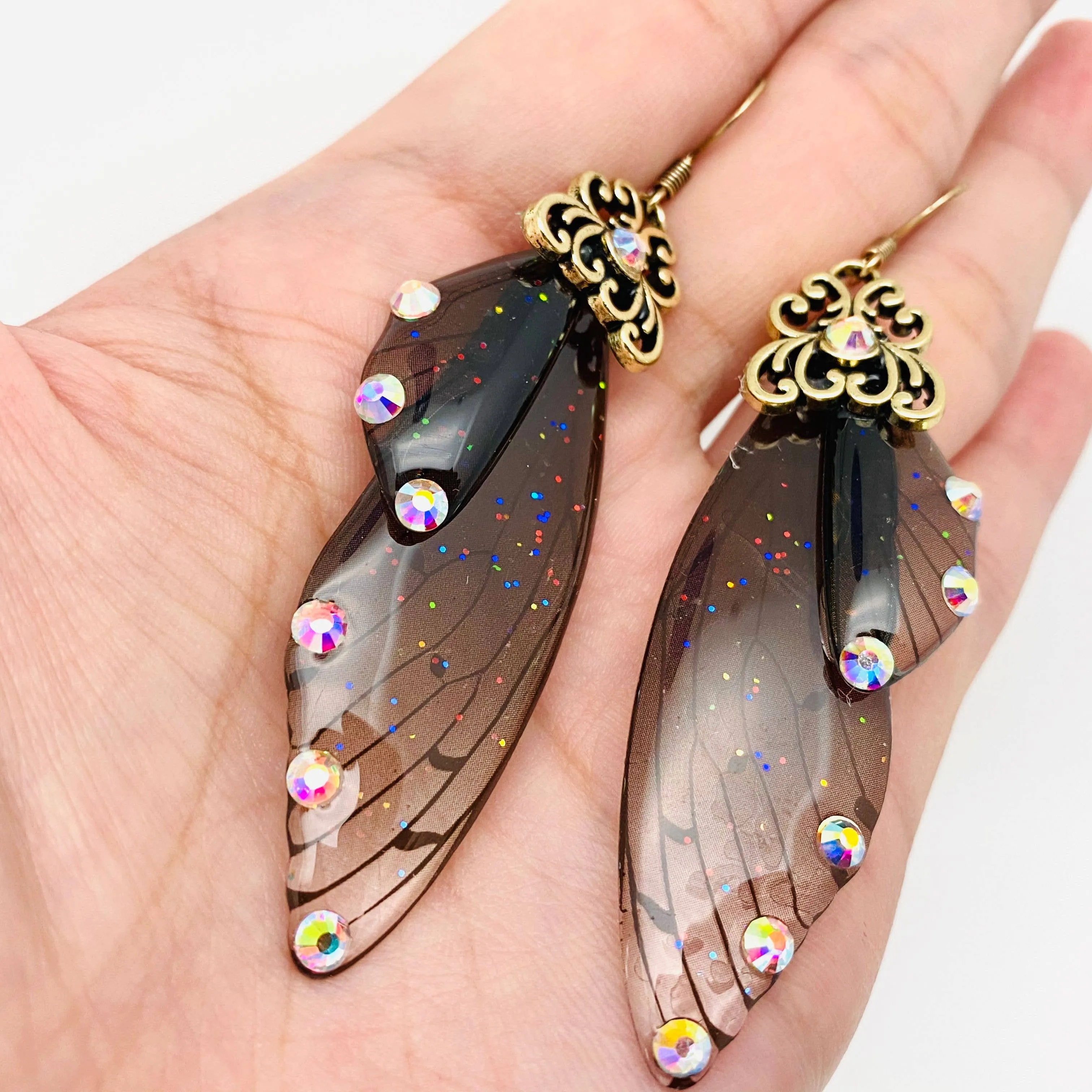 Handmade Fairy Wings Earrings Insect Butterfly Wing: Black silver