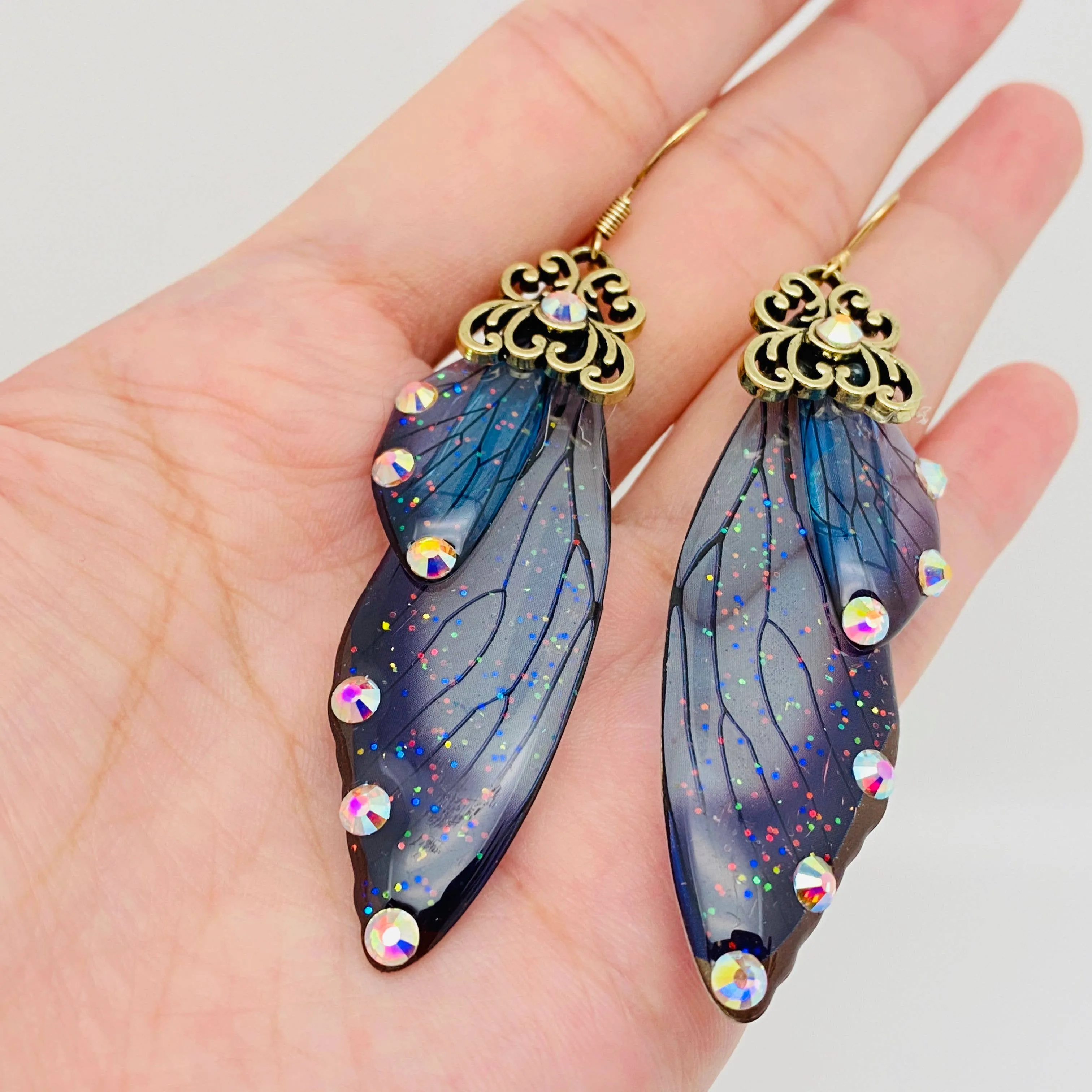 Handmade Fairy Wings Earrings Insect Butterfly Wing: Black silver