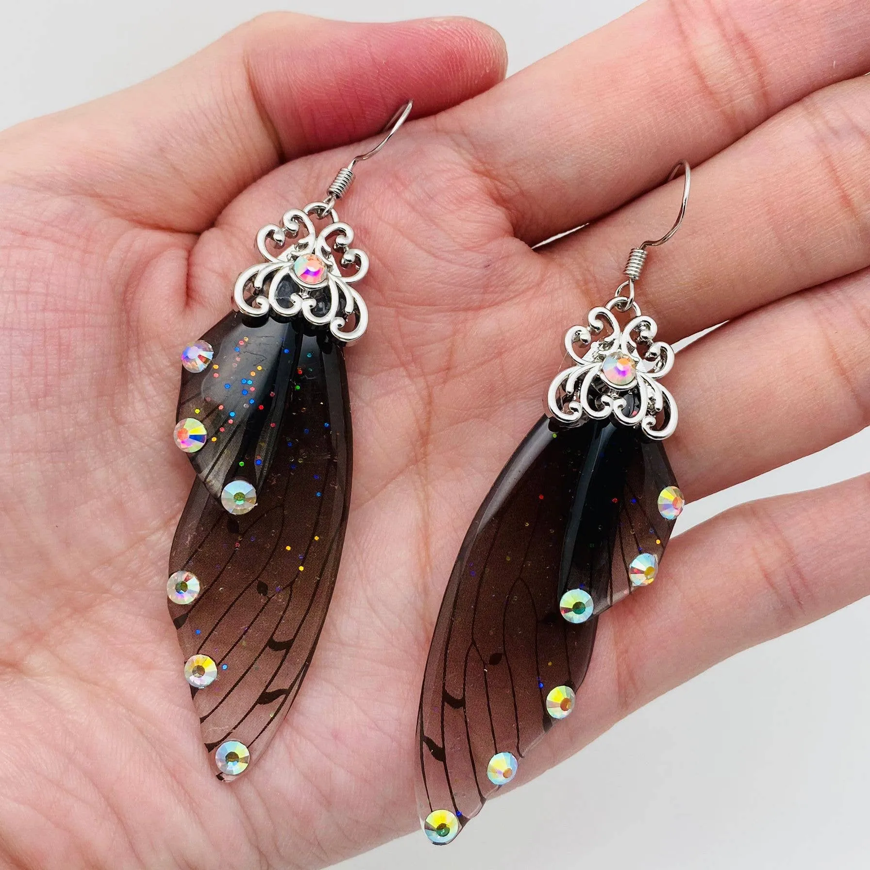 Handmade Fairy Wings Earrings Insect Butterfly Wing: Black silver