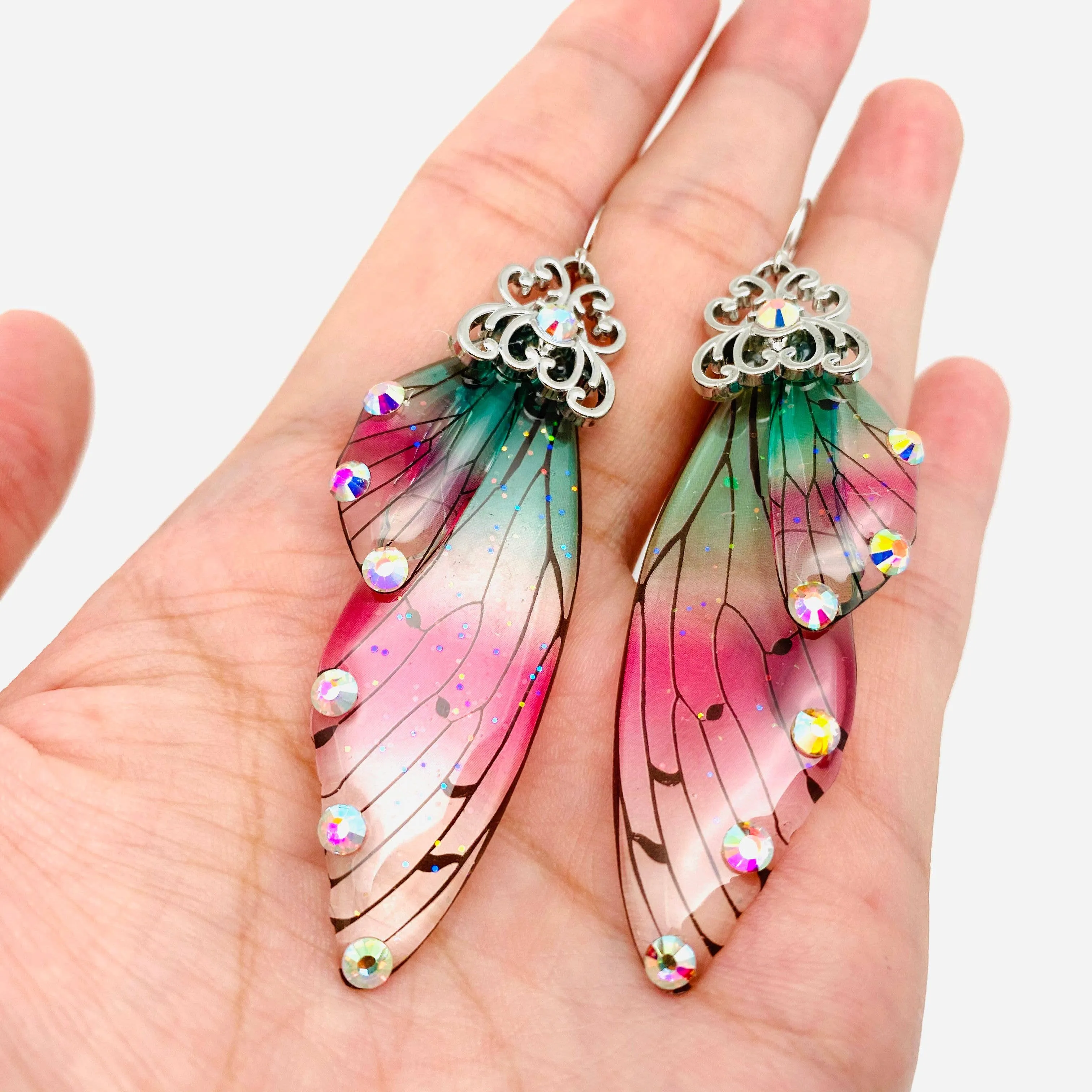 Handmade Fairy Wings Earrings Insect Butterfly Wing: Black silver