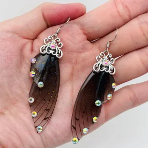 Handmade Fairy Wings Earrings Insect Butterfly Wing: Black silver