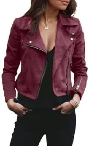 IVERIRMIN Womens Lightweight Suede Motorcycle Jacket Fall Cropped Asymmetrical Zip-up Biker Coats Faux Leather Fitted Outwear