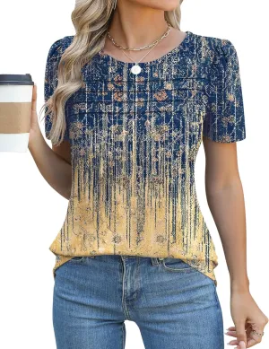Ivicoer Womens Summer Tops Short Puff Sleeve Dressy Casual Blouses Crew Neck Pleated T Shirts Loose Fit Spring Tunic
