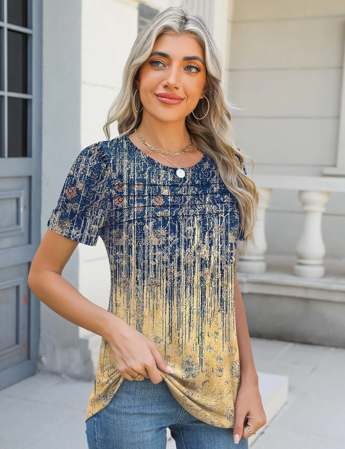 Ivicoer Womens Summer Tops Short Puff Sleeve Dressy Casual Blouses Crew Neck Pleated T Shirts Loose Fit Spring Tunic