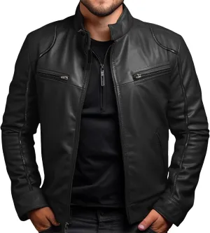JEKE-DG Men's Classic Slim Fit Motorcycle Coat Faux Leather Casual Bomber Coat Jacket Full Zip-Up Solid Spring Fall Coats