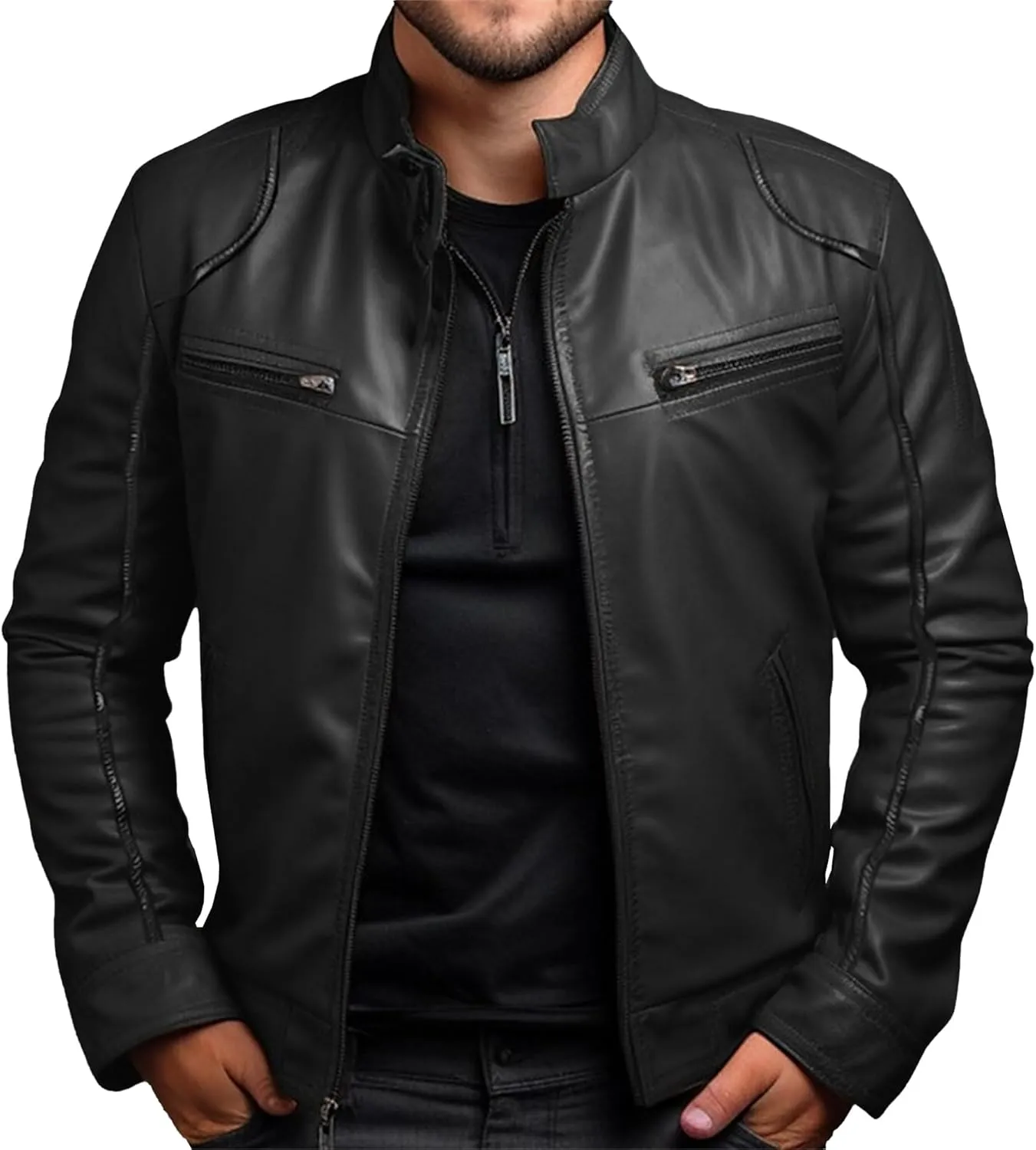 JEKE-DG Men's Classic Slim Fit Motorcycle Coat Faux Leather Casual Bomber Coat Jacket Full Zip-Up Solid Spring Fall Coats