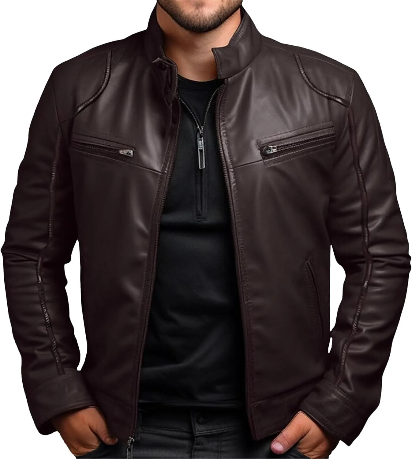 JEKE-DG Men's Classic Slim Fit Motorcycle Coat Faux Leather Casual Bomber Coat Jacket Full Zip-Up Solid Spring Fall Coats