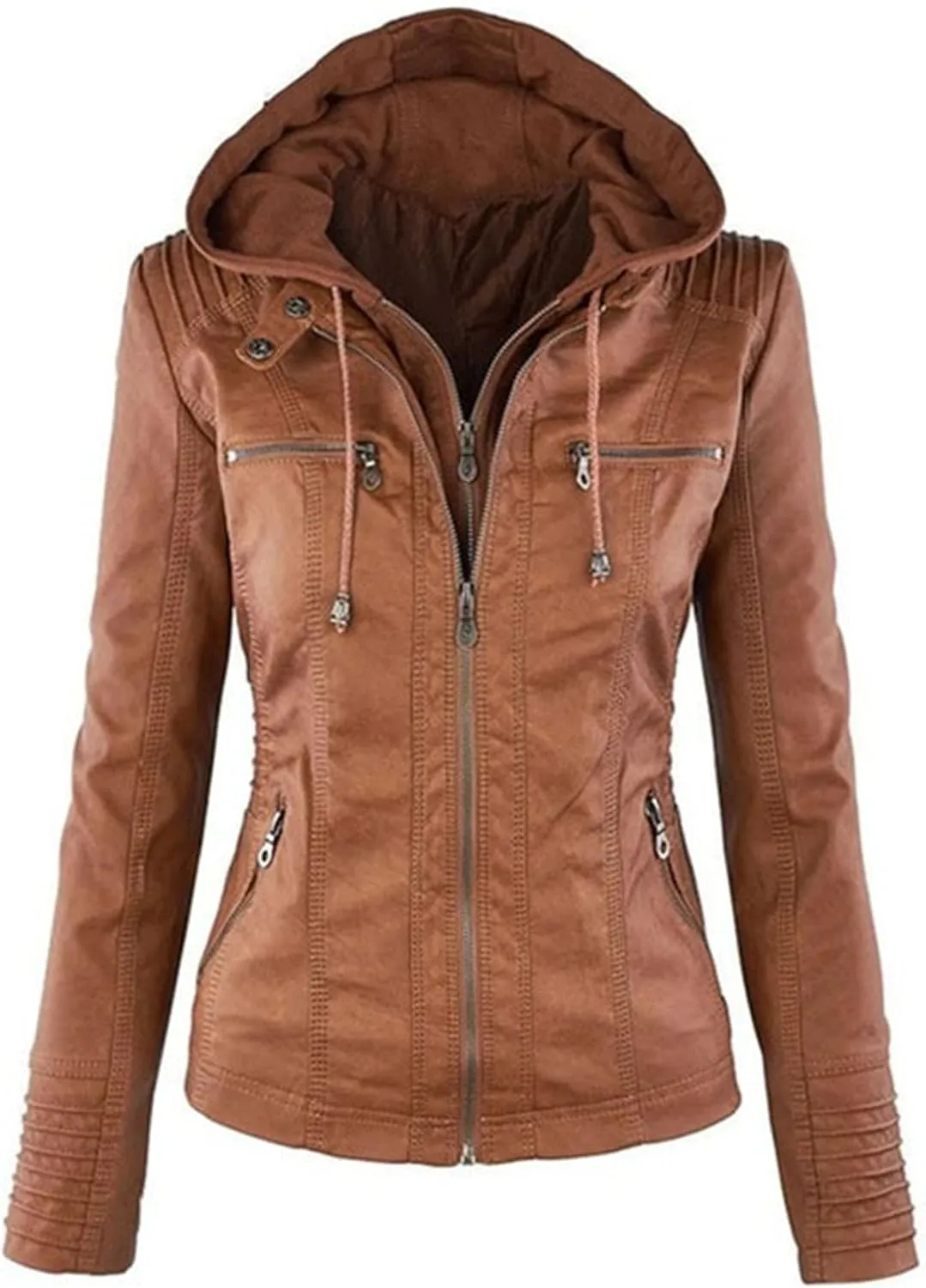 JEKE-DG Women's Detachable Hooded Faux Leather Coat Slim Fit Zip Up Biker Coat Jacket Casual Vintage Fall Winter Coats