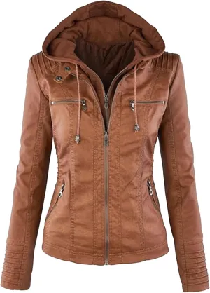 JEKE-DG Women's Detachable Hooded Faux Leather Coat Slim Fit Zip Up Biker Coat Jacket Casual Vintage Fall Winter Coats