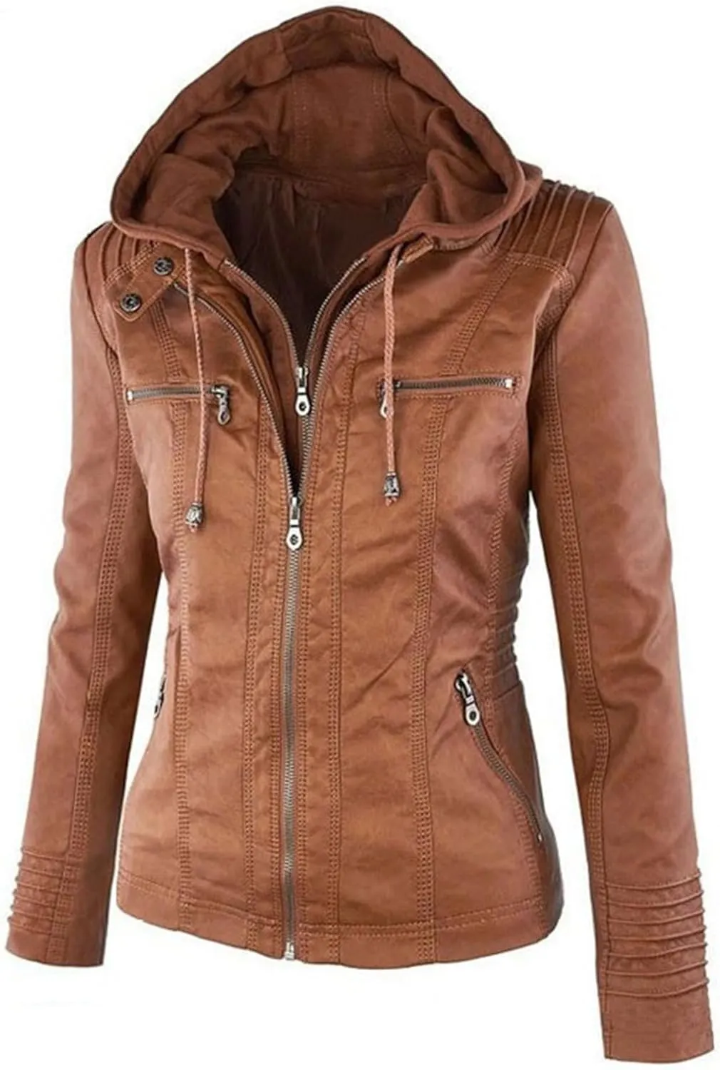 JEKE-DG Women's Detachable Hooded Faux Leather Coat Slim Fit Zip Up Biker Coat Jacket Casual Vintage Fall Winter Coats