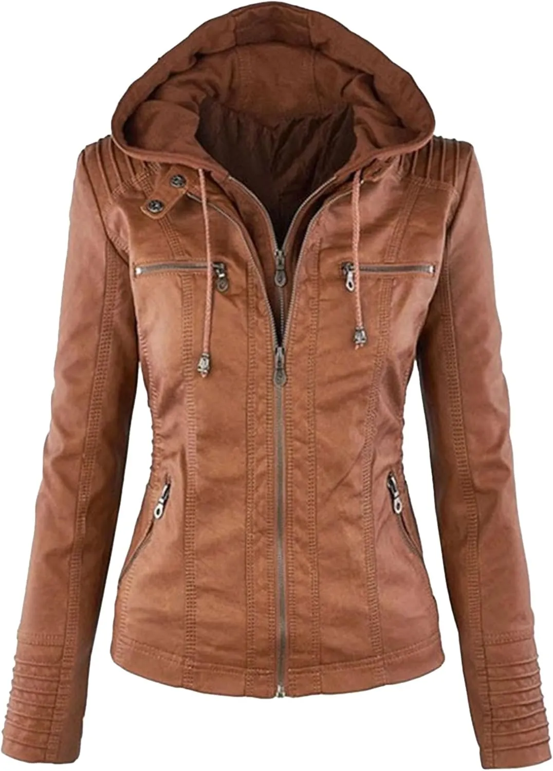 JEKE-DG Women's Detachable Hooded Faux Leather Coat Slim Fit Zip Up Biker Coat Jacket Casual Vintage Fall Winter Coats