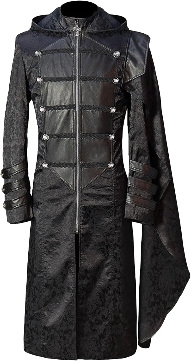 JEShifangjiusu Mens Leather Hooded Trench Coat Refined Zipper Length Jacket Long Sleeves Shawl Style Outerwear