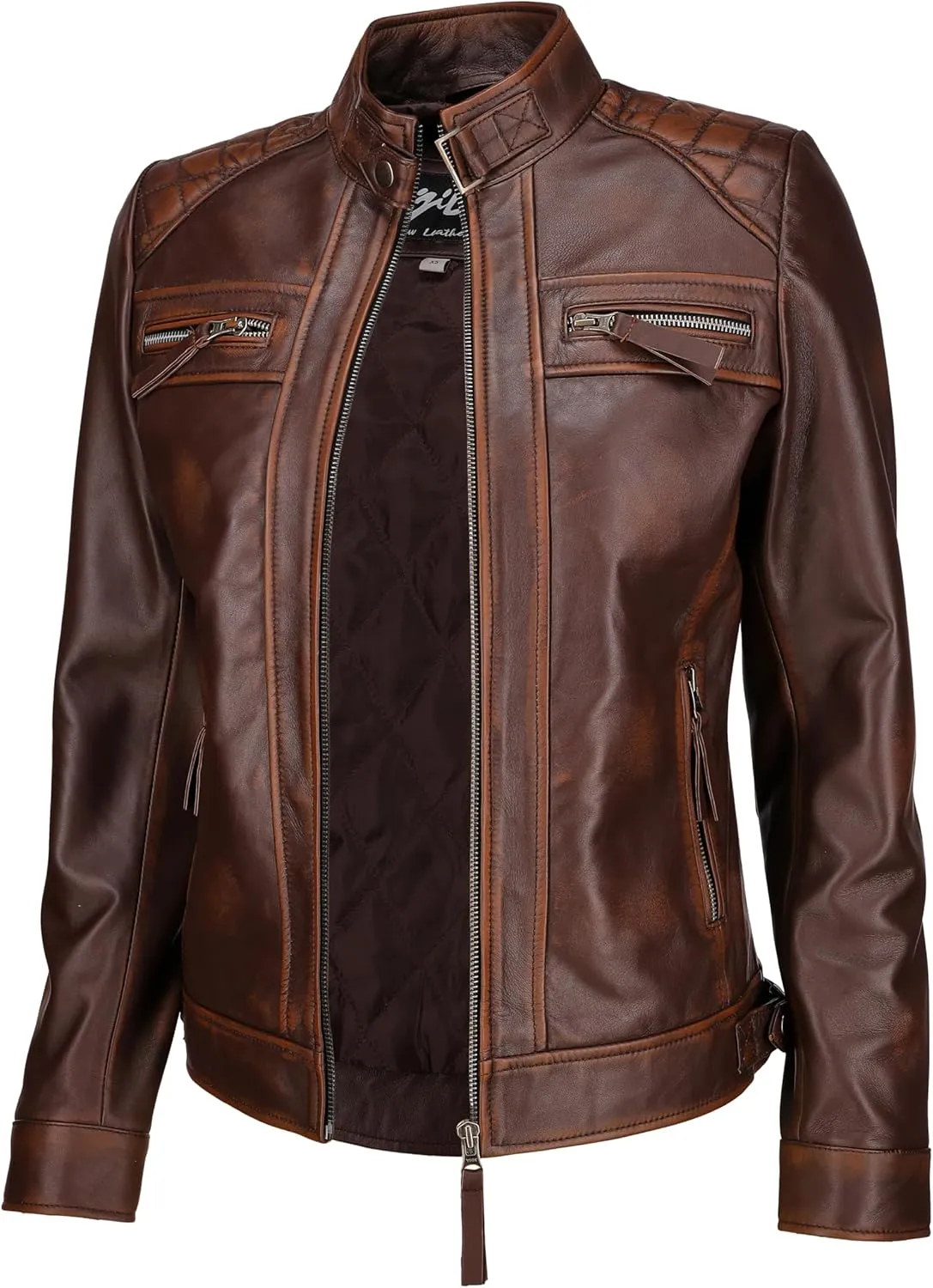 Jild Caf Racer Leather Jacket Women - Zip Up Moto Biker Style Casual Fashion Real Lambskin Women's Leather Jacket