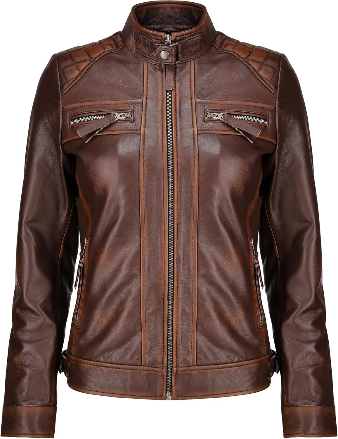 Jild Caf Racer Leather Jacket Women - Zip Up Moto Biker Style Casual Fashion Real Lambskin Women's Leather Jacket