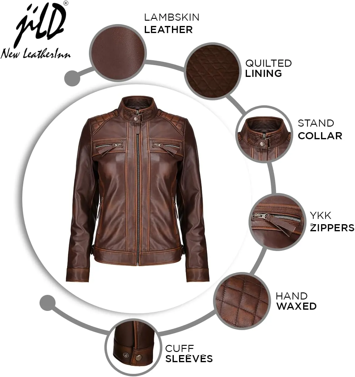 Jild Caf Racer Leather Jacket Women - Zip Up Moto Biker Style Casual Fashion Real Lambskin Women's Leather Jacket