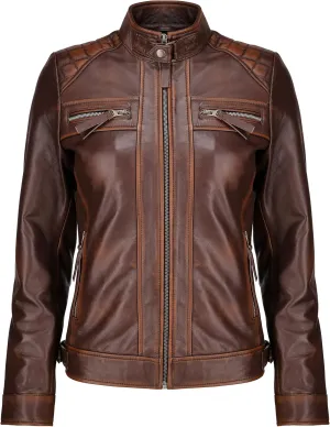 Jild Caf Racer Leather Jacket Women - Zip Up Moto Biker Style Casual Fashion Real Lambskin Women's Leather Jacket