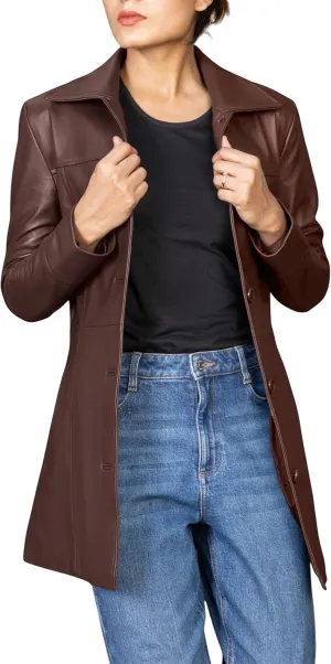 Jild Casual Car Coat Lambskin Leather Jacket Women   Length Blazer Overcoat Style Leather Long Coat Women