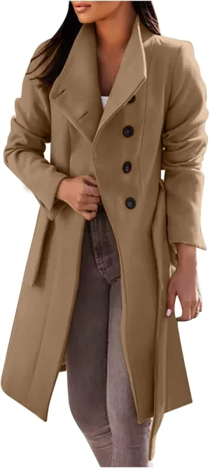 jsaierl Women Winter Trench Coat Belted Long Sleeves Lapel Collar Single Breasted Peacoat Wool Blend Mid Long Pea Coat Jacket