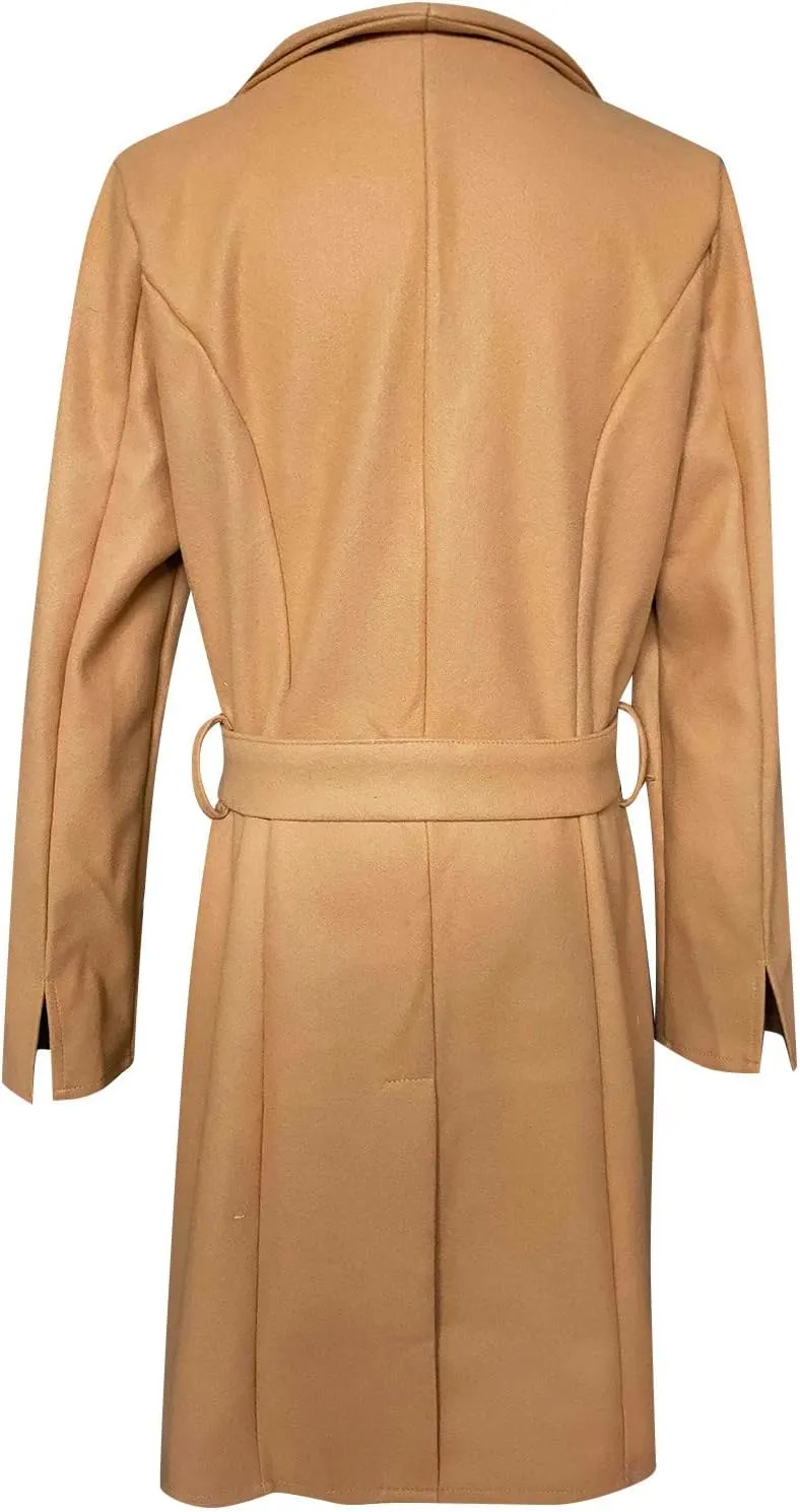 jsaierl Women Winter Trench Coat Belted Long Sleeves Lapel Collar Single Breasted Peacoat Wool Blend Mid Long Pea Coat Jacket
