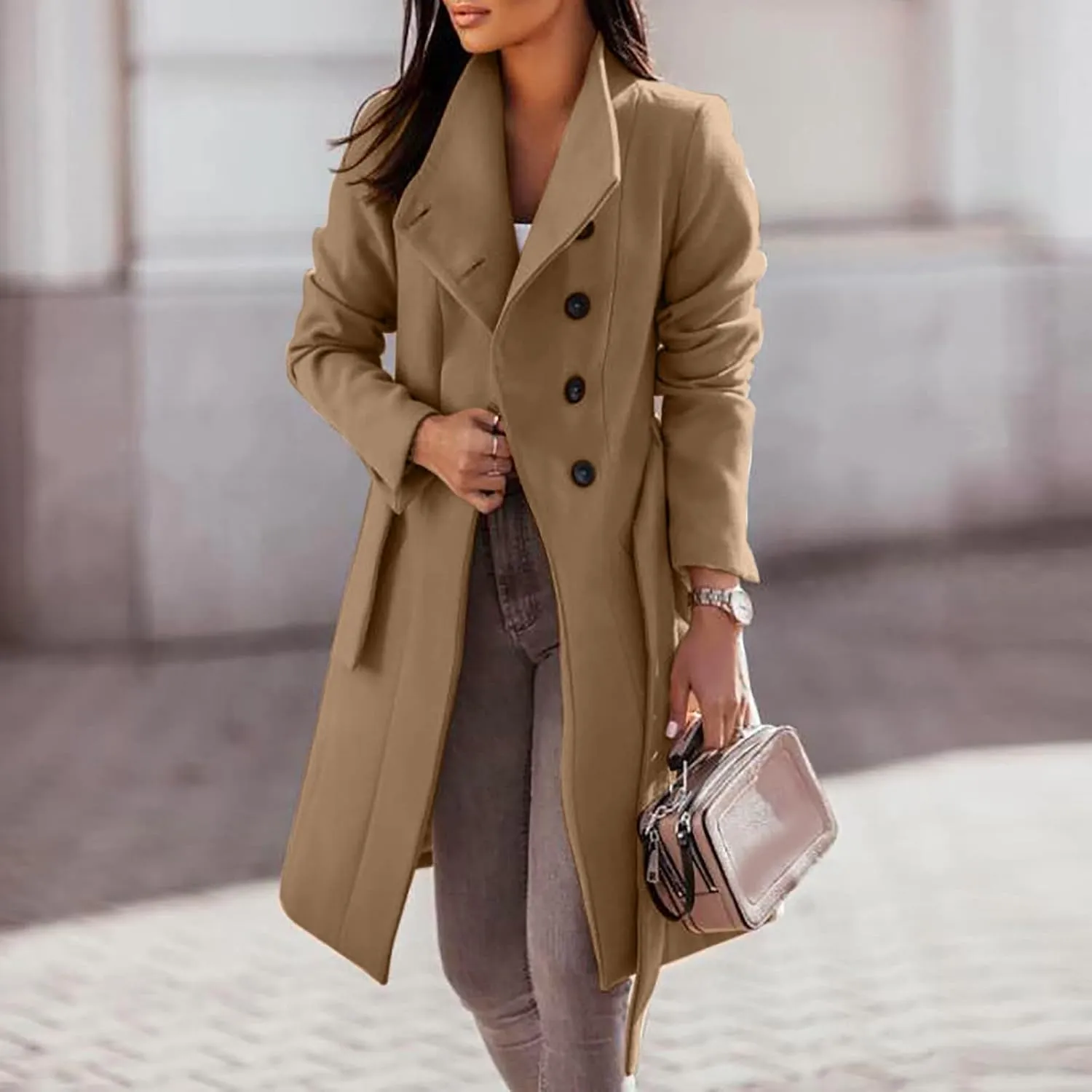 jsaierl Women Winter Trench Coat Belted Long Sleeves Lapel Collar Single Breasted Peacoat Wool Blend Mid Long Pea Coat Jacket
