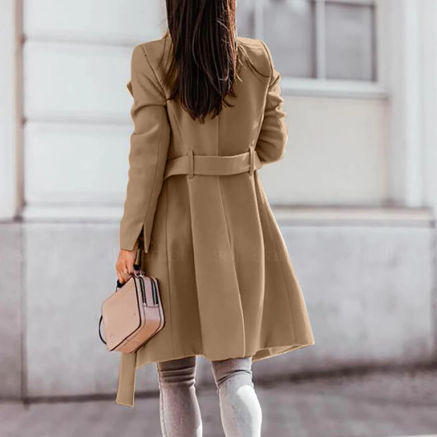 jsaierl Women Winter Trench Coat Belted Long Sleeves Lapel Collar Single Breasted Peacoat Wool Blend Mid Long Pea Coat Jacket