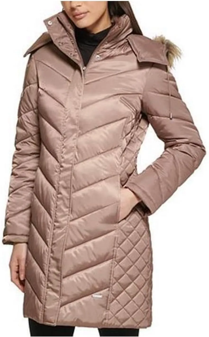 Kenneth Cole Women's Mid-Length Chevron Quilted Puffer Jacket Hooded Coat with Faux Fur Trim