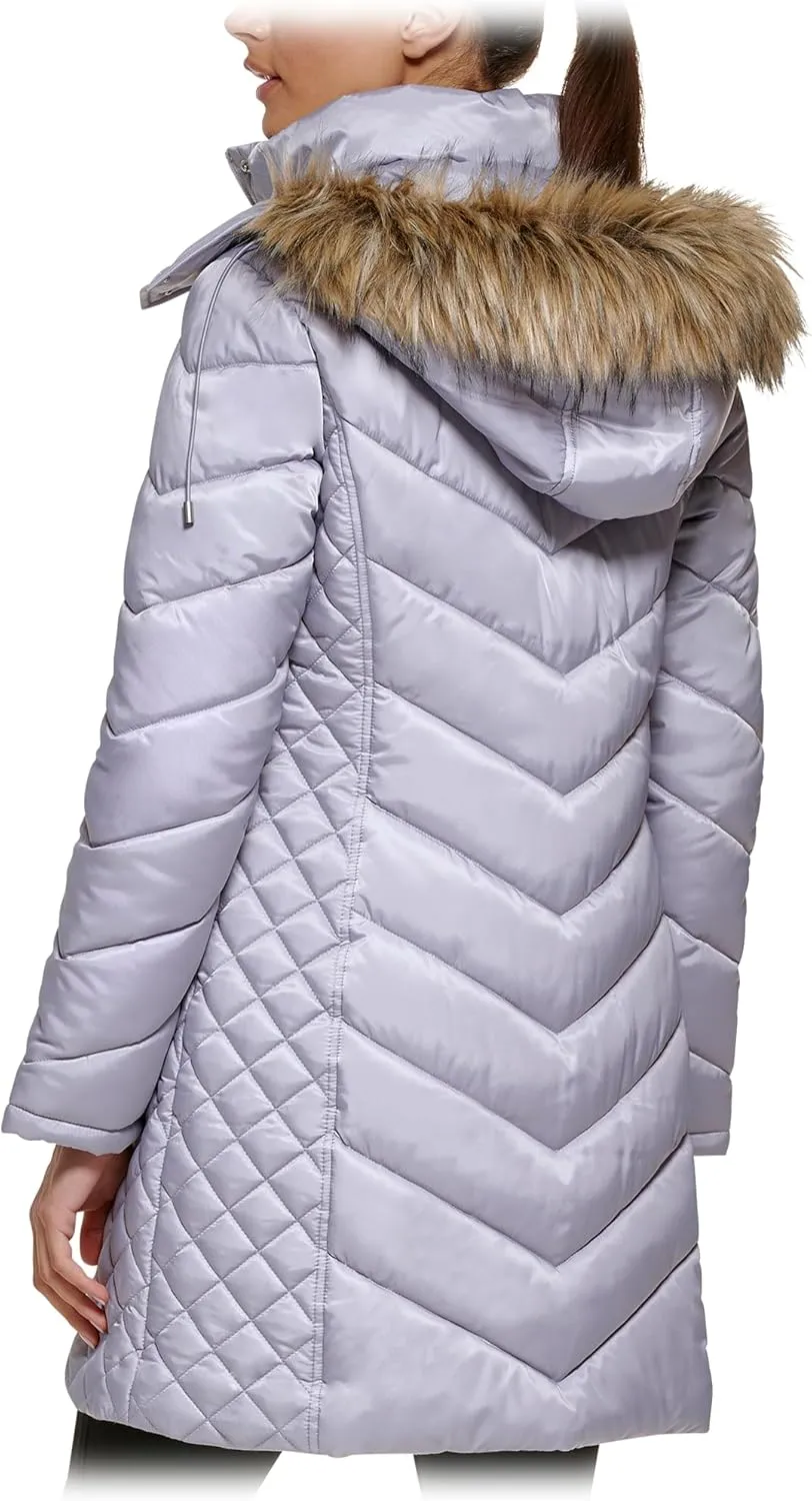 Kenneth Cole Women's Mid-Length Chevron Quilted Puffer Jacket Hooded Coat with Faux Fur Trim
