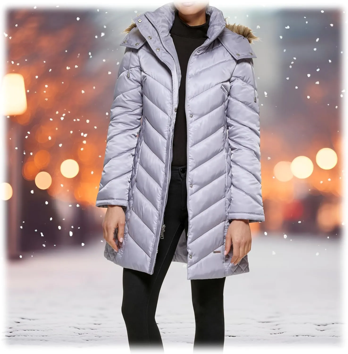 Kenneth Cole Women's Mid-Length Chevron Quilted Puffer Jacket Hooded Coat with Faux Fur Trim