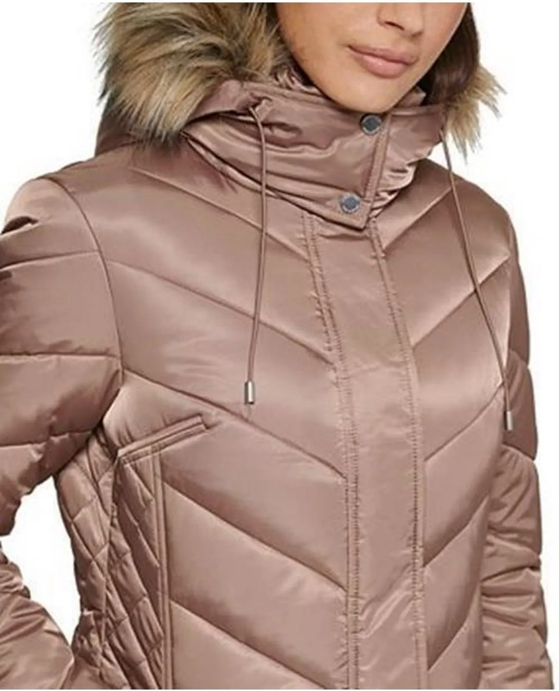 Kenneth Cole Women's Mid-Length Chevron Quilted Puffer Jacket Hooded Coat with Faux Fur Trim